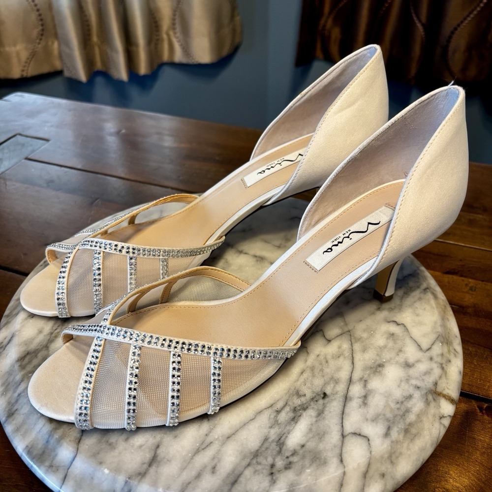 NEW Nina White Rhinestone Open Toe Wedding Bridal Heels Womens Shoes Sz 11 EU 41